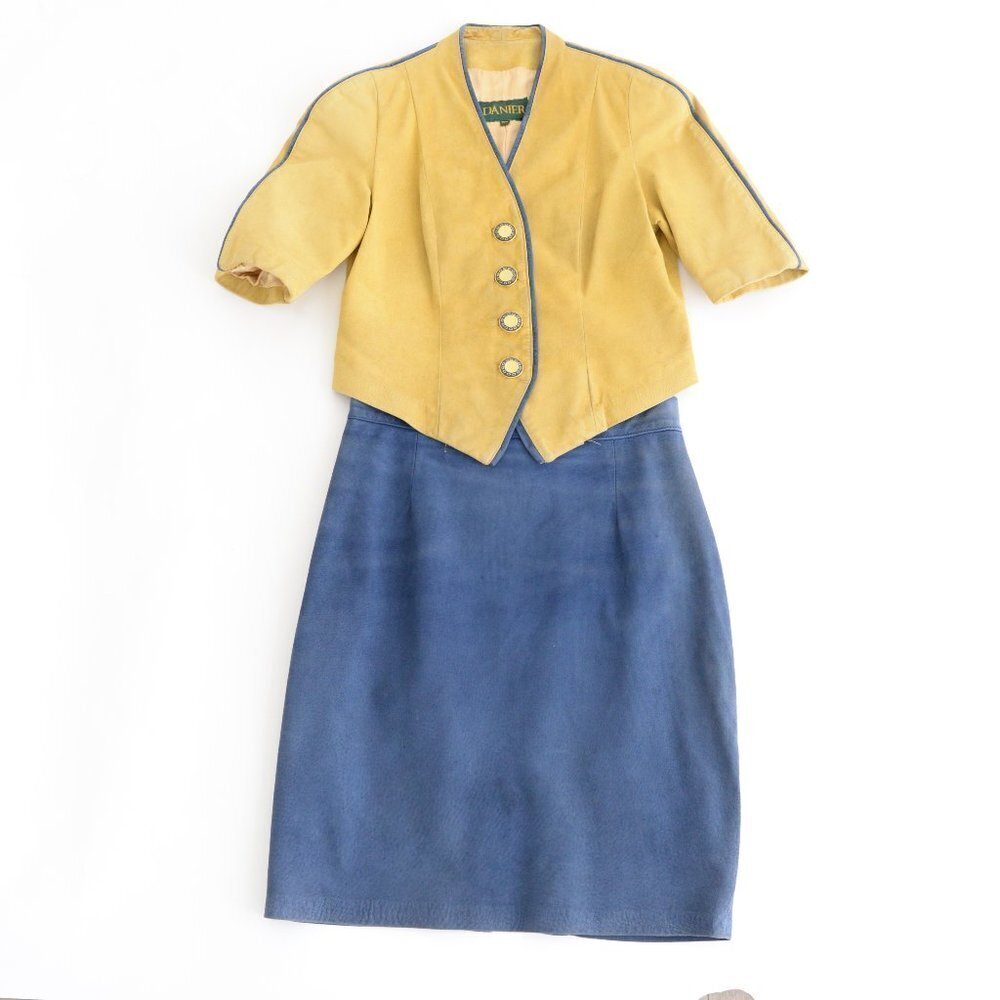 Vintage Danier Blue  And Mustard Yellow Matching 2-Piece Suede Shirt & Skirt Set